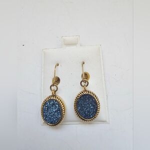 gold-toned dangle Lever Back earrings round, blue druzy gemstones rope-style OTT